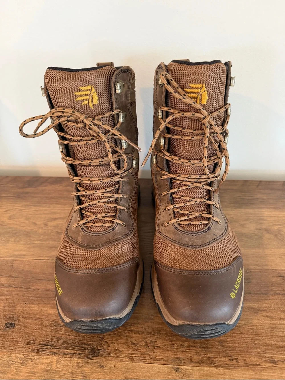 LaCrosse Brown Men's Lace-Up Waterproof Hunting Boots with Yellow Logo